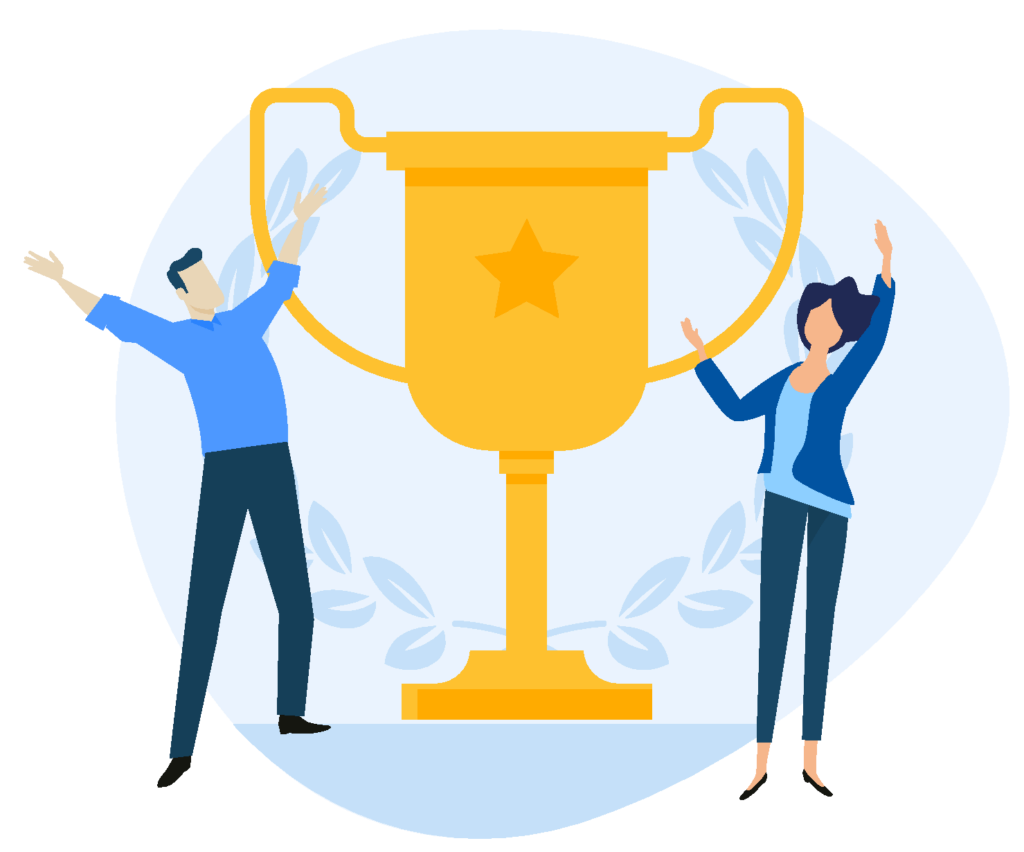 Zwei Mitarbeiter jubel mit einem Pokal über den Gewinner im ERP Software Auswahl Projekt