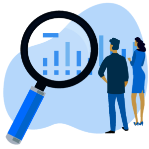 Über uns 3 ERP Scout Zwei Mitarbeiter analysieren die ERP Anbieter genau mit einer Lupe