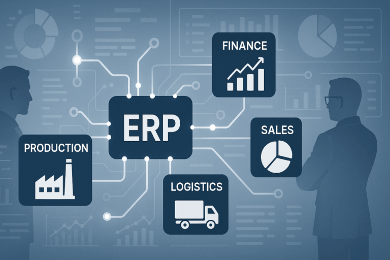 Was ist ein ERP System? 17 ERP Scout Zwei Mitarbeiter schauen auf die Infografik mit Geschäftsbereichen, die im ERP System integriert sind. Dazu zählen Finanzen, Verkauf, Logistik und Produktion.