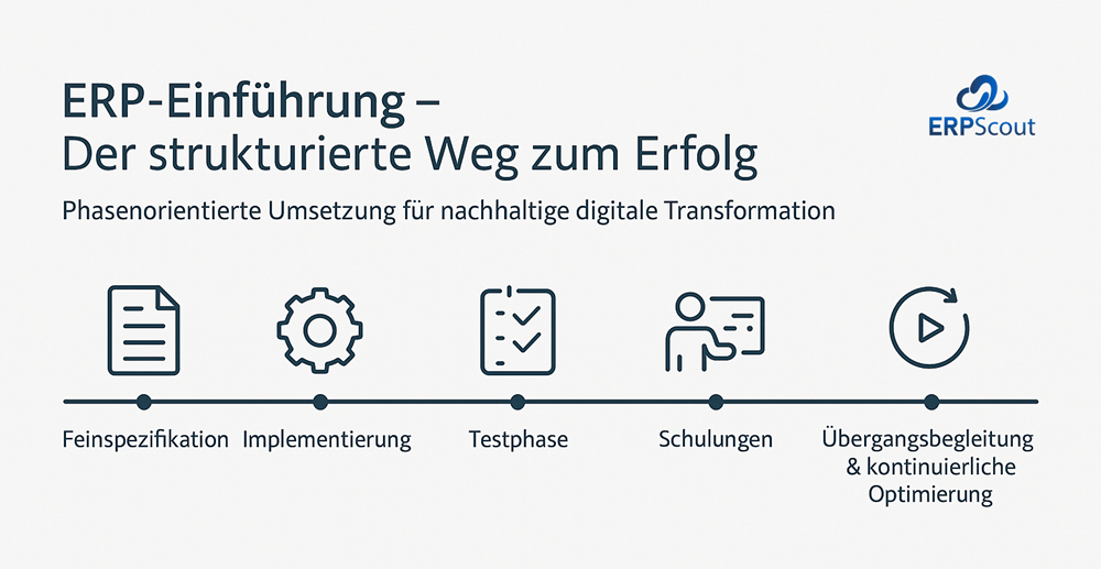 ERP Einführung - der strukturierte Weg zum Erfolg. Das Diagramm zeigt die fünf Phasen der Umsetzung an.